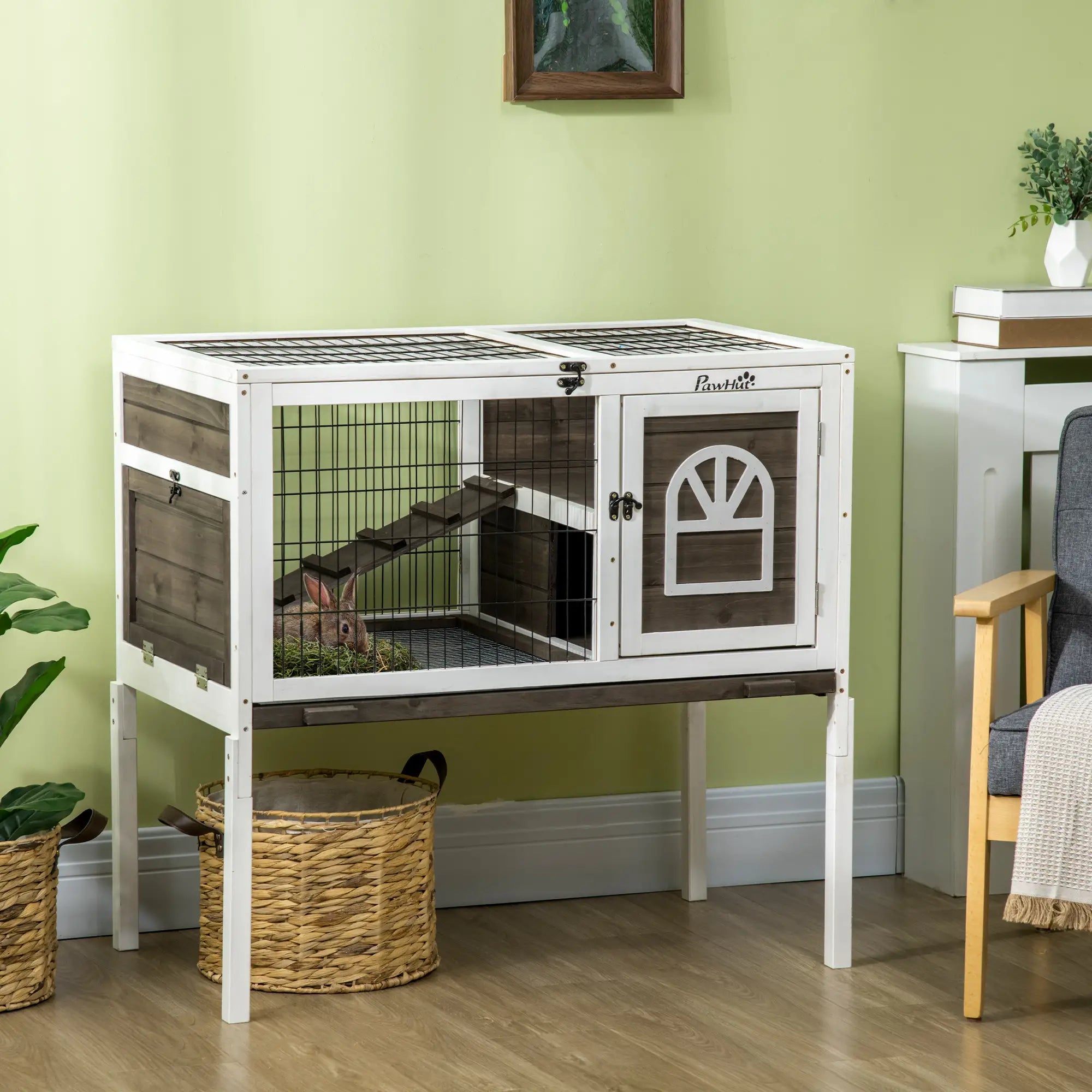 Rabbit Hutch Dual Height Bunny House, Slide Out Tray, White Coffee, White Rabbit Hutch at Gallery Canada