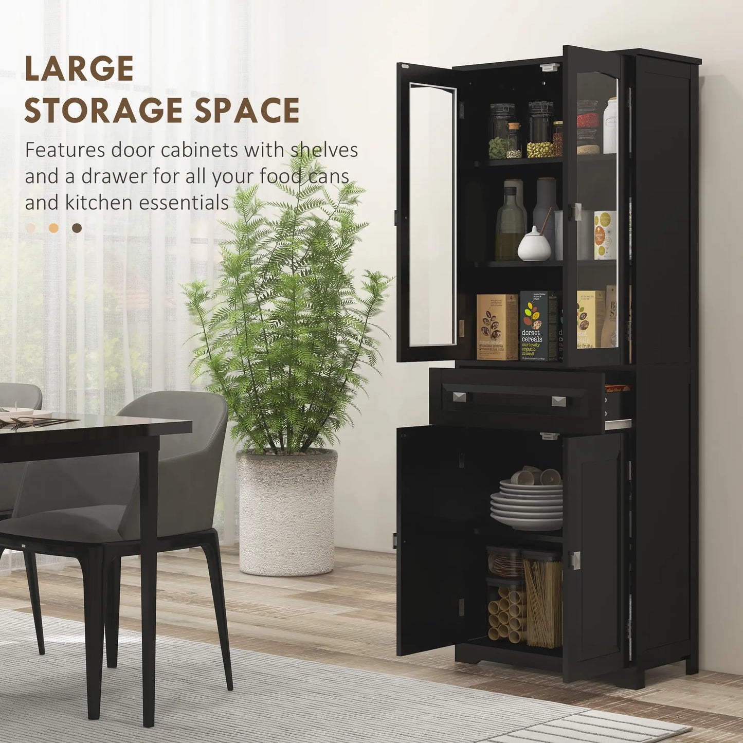 63" 4-Door Kitchen Pantry Cabinet, Adjustable Shelves, Black Kitchen Pantry Cabinets at Gallery Canada