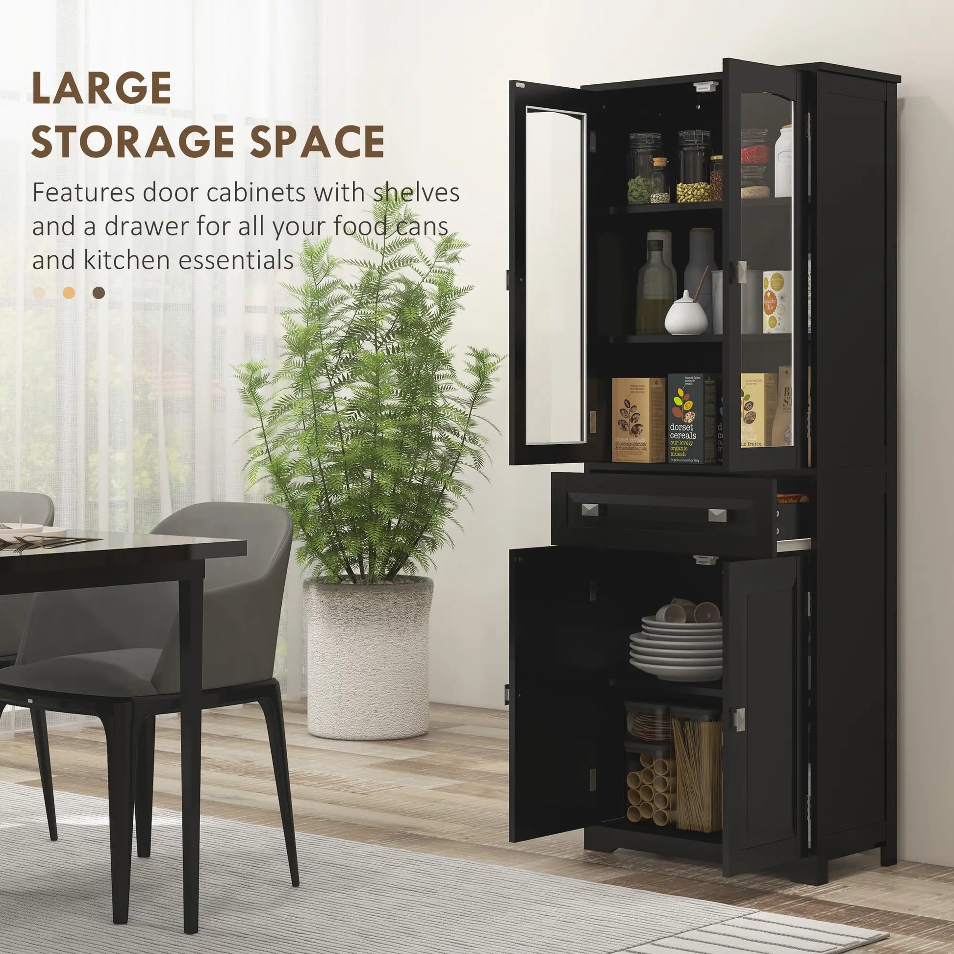 63" 4-Door Kitchen Pantry Cabinet, Adjustable Shelves, Black Kitchen Pantry Cabinets at Gallery Canada