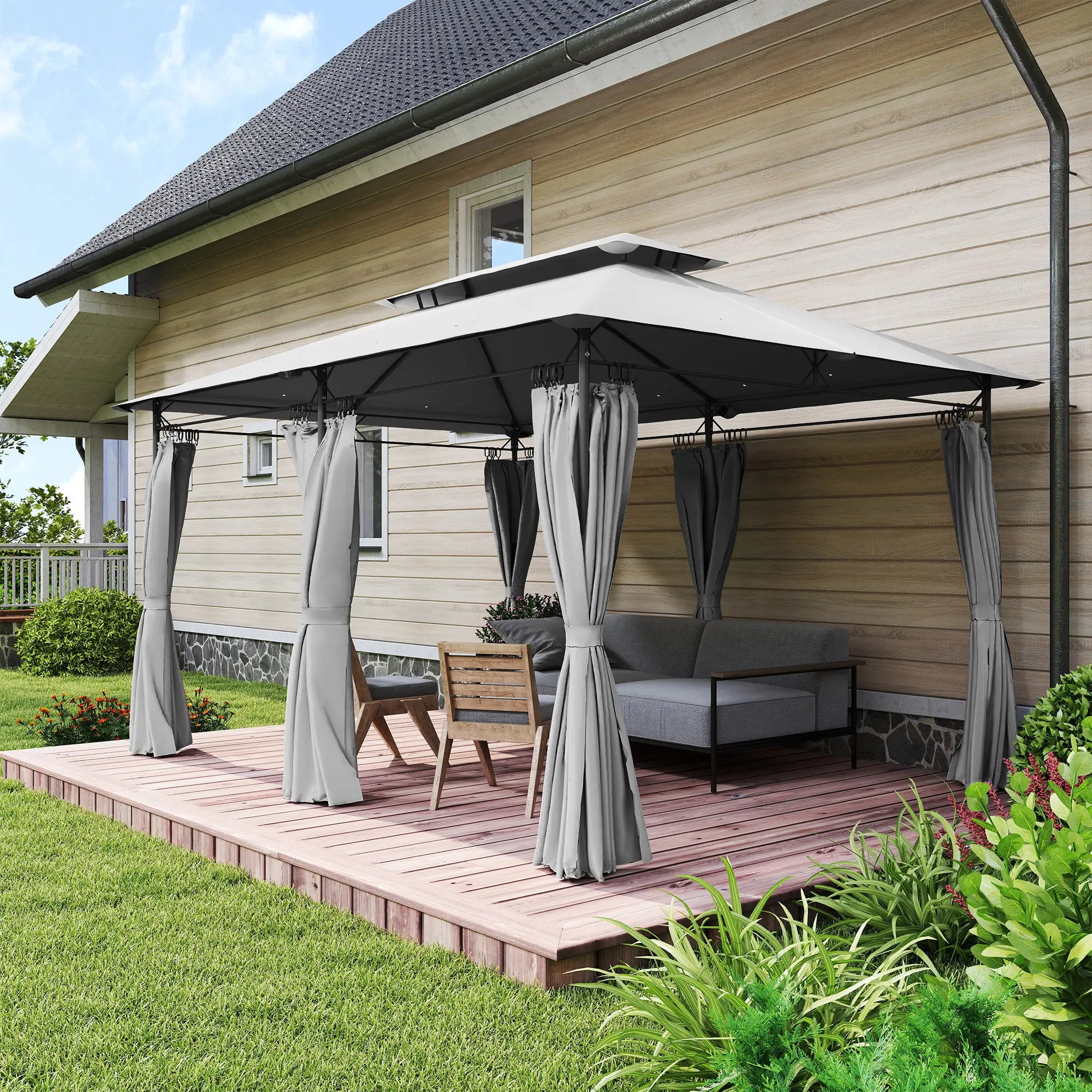 10' x 13' Double Roof Patio Gazebo, Outdoor with Curtains, Dark Grey Gazebos at Gallery Canada