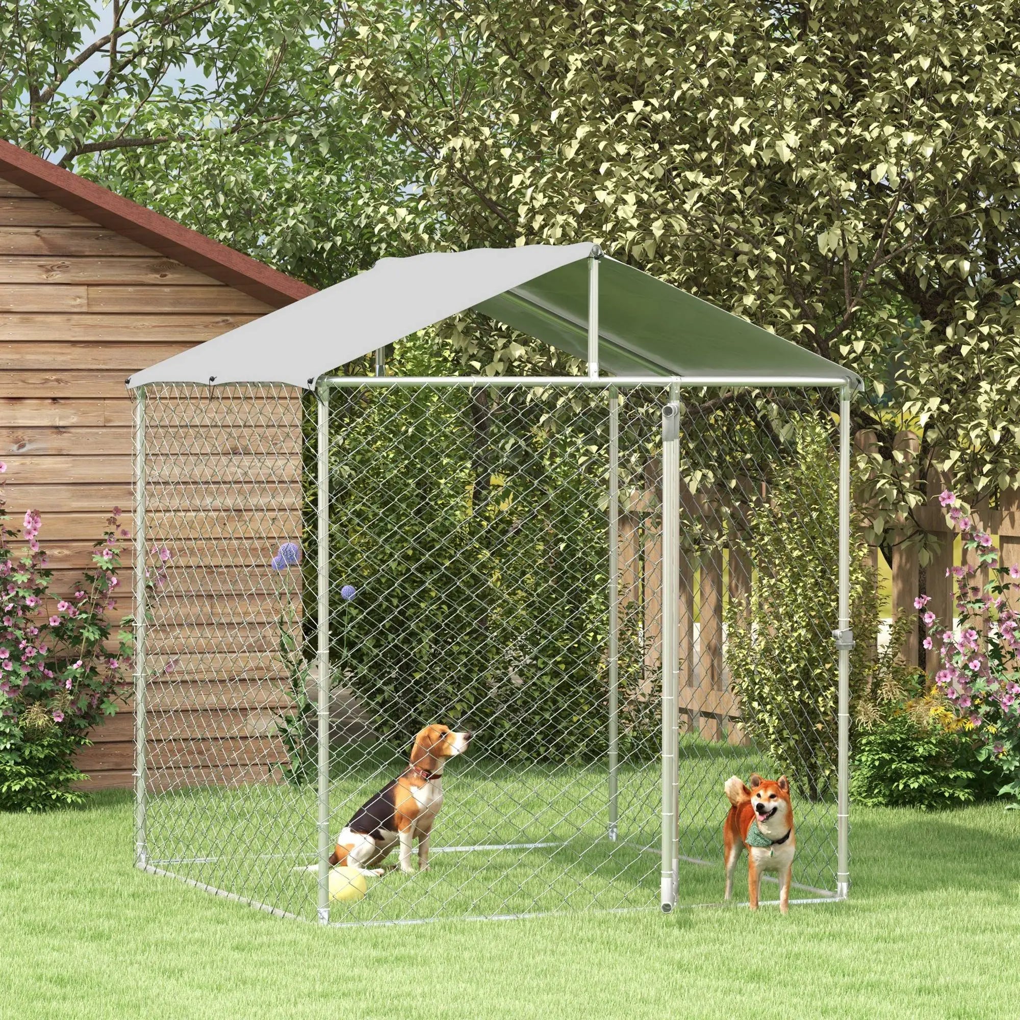 6.6' x 6.6' x 7.8' Outdoor Dog Kennel, Heavy Duty Galvanized Steel, Silver Houses, Kennels & Pens at Gallery Canada
