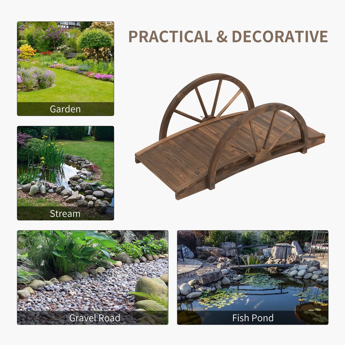 3.3ft Wooden Garden Bridge, Arc Stained Finish, Half Wheeled Railings Garden Bridges at Gallery Canada