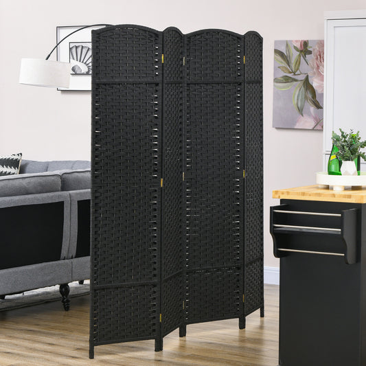 5.6 Ft Tall Folding Room Divider, 4 Panel Portable Privacy Screen, Hand-Woven Partition Wall Divider, Black - Gallery Canada