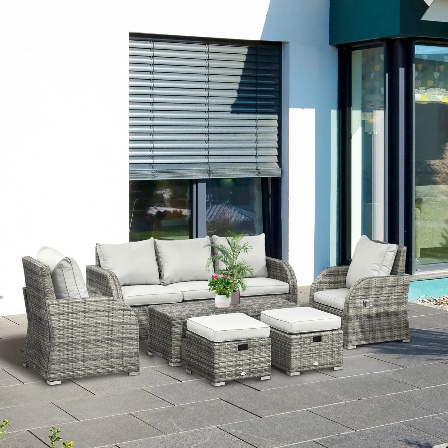 6-Piece Patio Furniture Set, Wicker Sectional Sofa, 3-Seat, 2 Recliners, 2 Footstools, Table, Light Grey Patio Furniture Sets at Gallery Canada