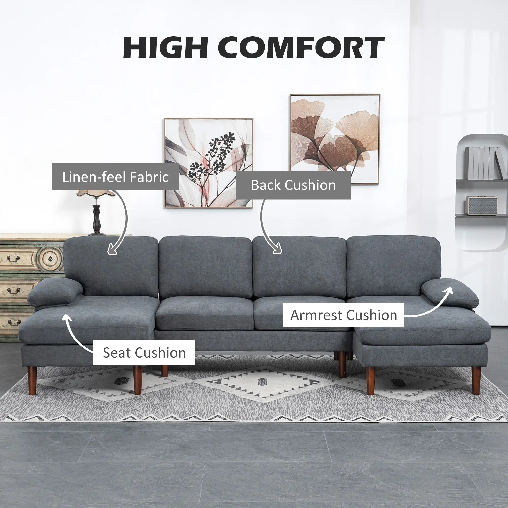 U Shape Couch, Double Chaise Lounge, 4 Seater Sofa, Wooden Legs, Dark Grey 3-Seater Sofas at Gallery Canada
