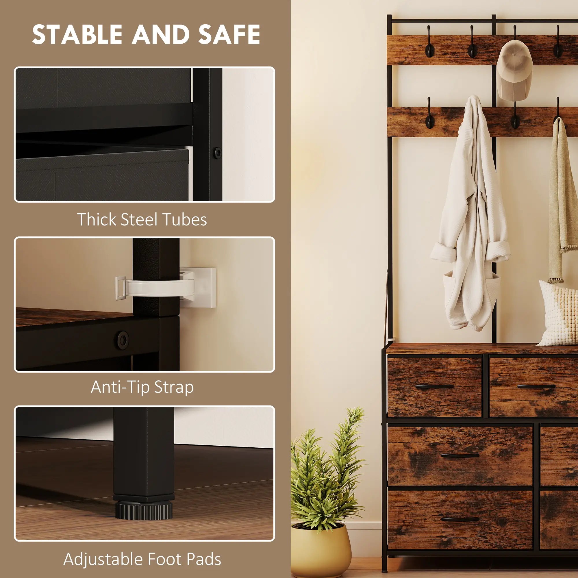 4-In-1 Coat Rack, 7 Drawer Fabric Dresser, Hall Tree 14 Hooks, Rustic Brown Clothing Storage at Gallery Canada
