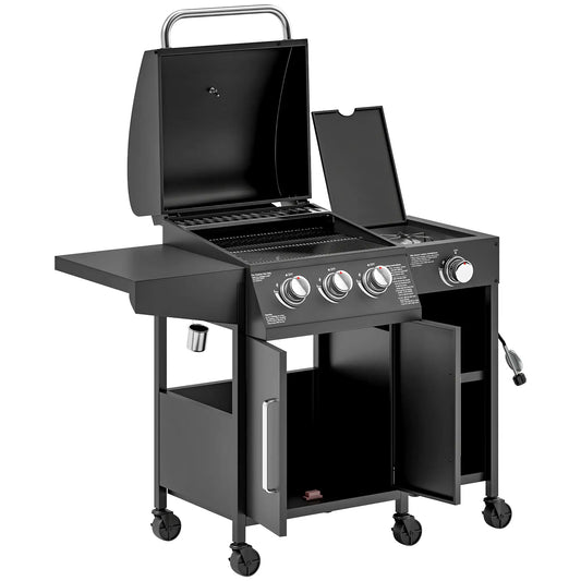 3 Burner Gas Grill With Side Burner, 9.5 KW Propane BBQ Grill, Cabinet Style Propane Gas Grills Black at Gallery Canada