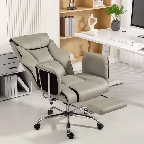Reclining Office Chair, High Back Executive Desk Chair, PU Leather, Footrest, Swivel Wheels, Grey