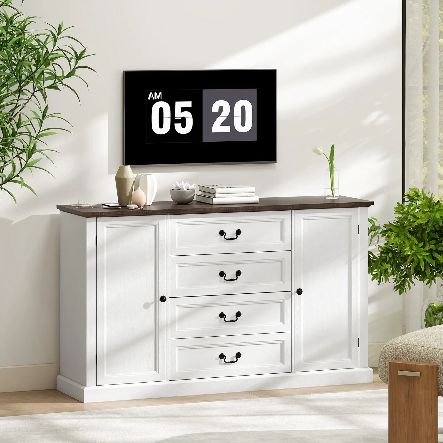 Farmhouse Sideboard with Charging Station, 58" Buffet Cabinet, White Storage Cabinets at Gallery Canada