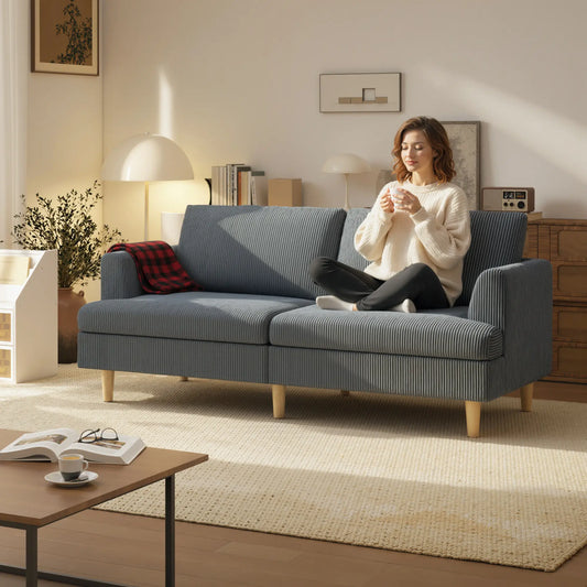 3 Seater Sofa, 74" Corduroy Couch, Solid Wood Legs, Dark Grey