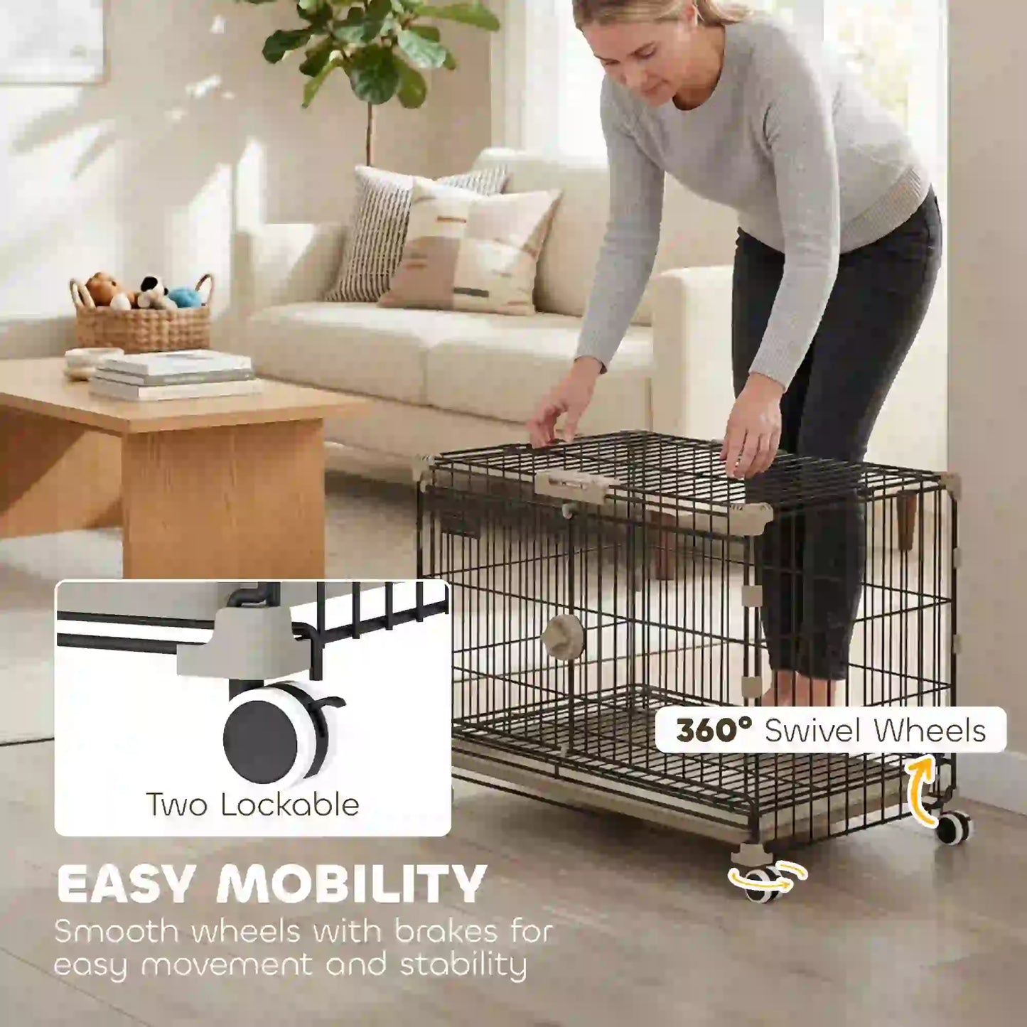 Foldable Dog Crate, 24 Inch Metal Cage, Removable Tray, Lockable Wheels, Black Dog Cages & Crates at Gallery Canada