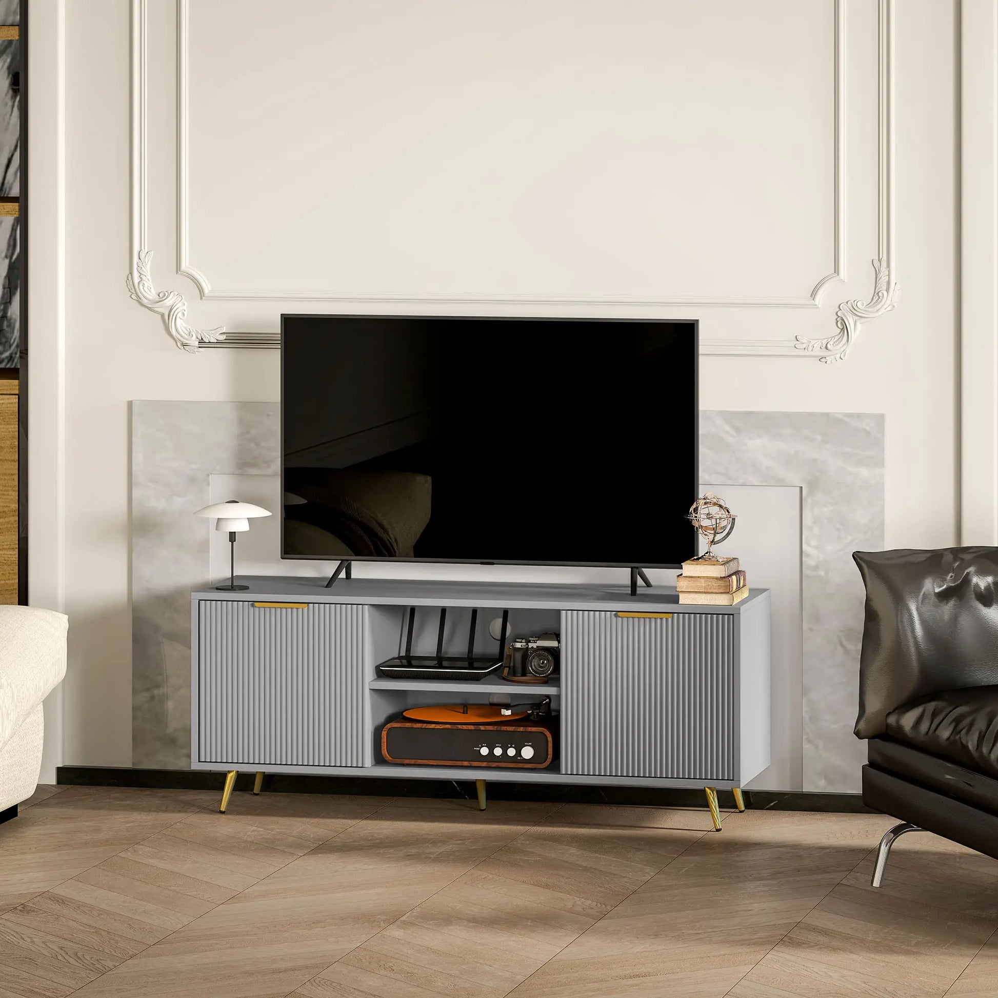 TV Stand for 55 Inch TV, 2 Open Shelves, 2 Cabinets, Grey TV Stands at Gallery Canada