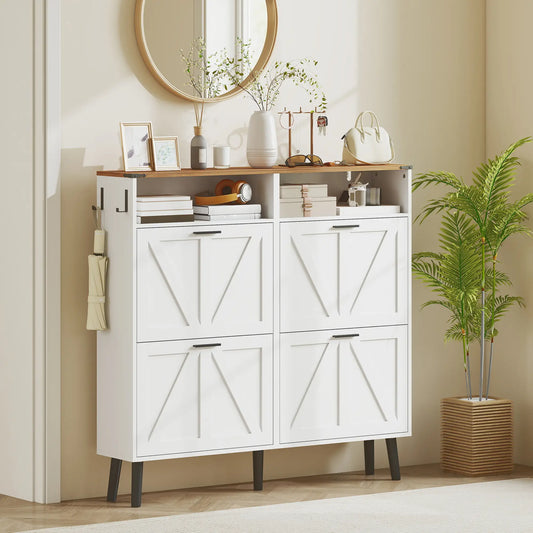 Shoe Storage Cabinet, 4 Flip Drawers, Farmhouse Narrow, Holds 24 Pairs, White Shoe Storage Cabinets & Racks White, Brown, Black at Gallery Canada