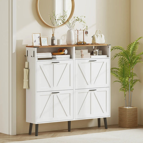 Shoe Storage Cabinet, 4 Flip Drawers, Farmhouse Narrow, Holds 24 Pairs, White