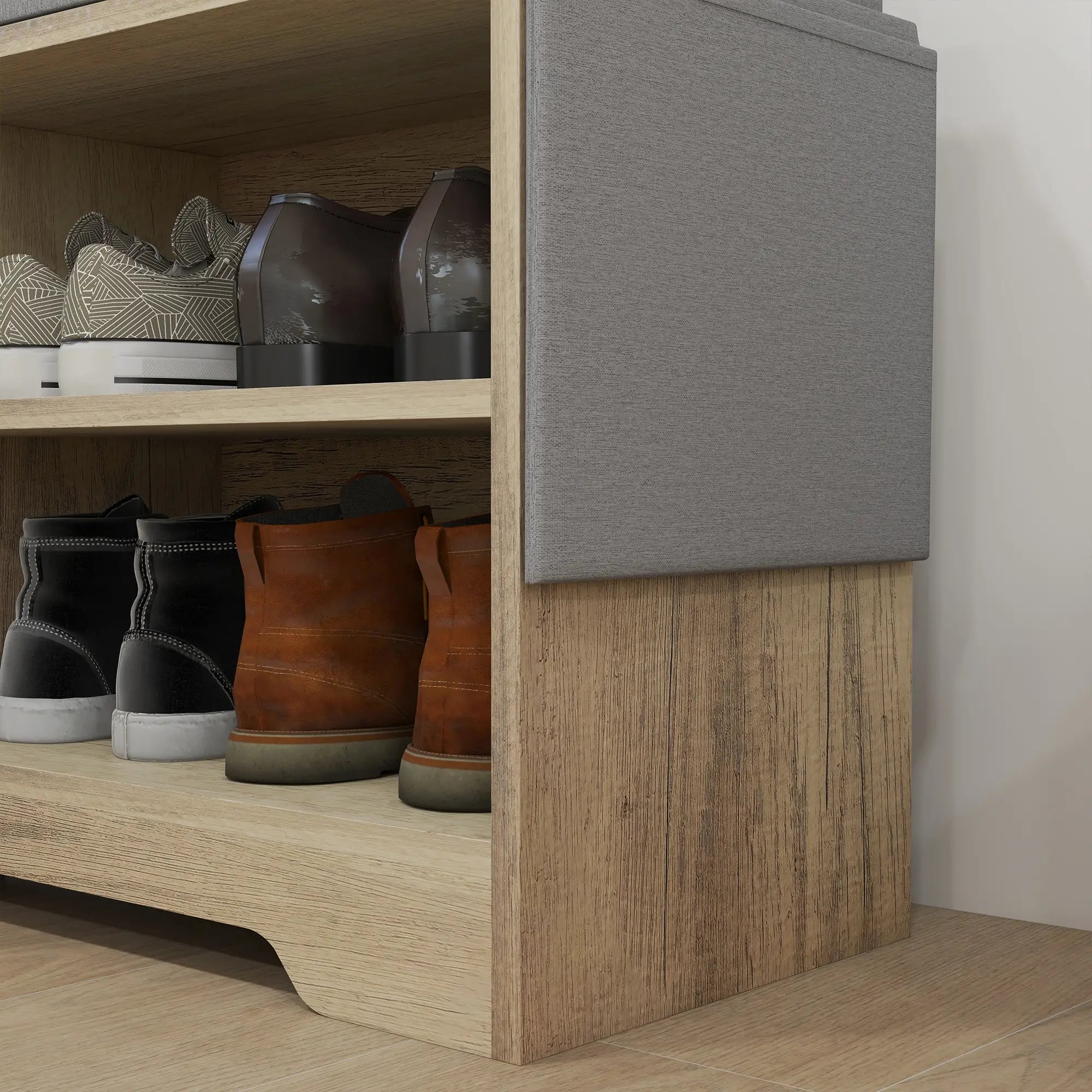 Upholstered Shoe Storage Bench With Seat, Drawer, Open Shelves, Grey Shoe Storage Cabinets & Racks at Gallery Canada