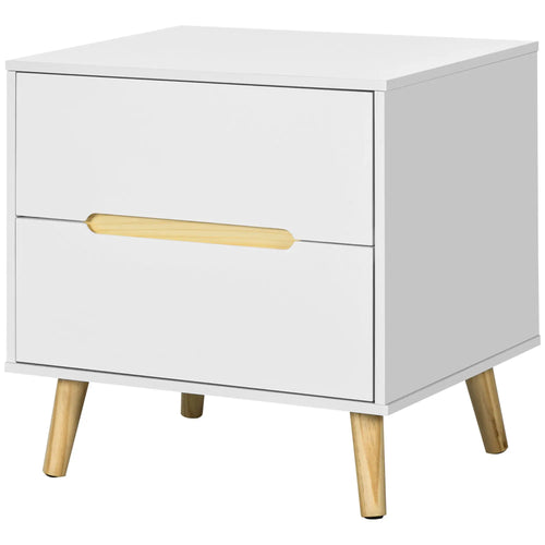 Nightstand, 2 Drawers, Pine Wood Legs, Bedside Table, White