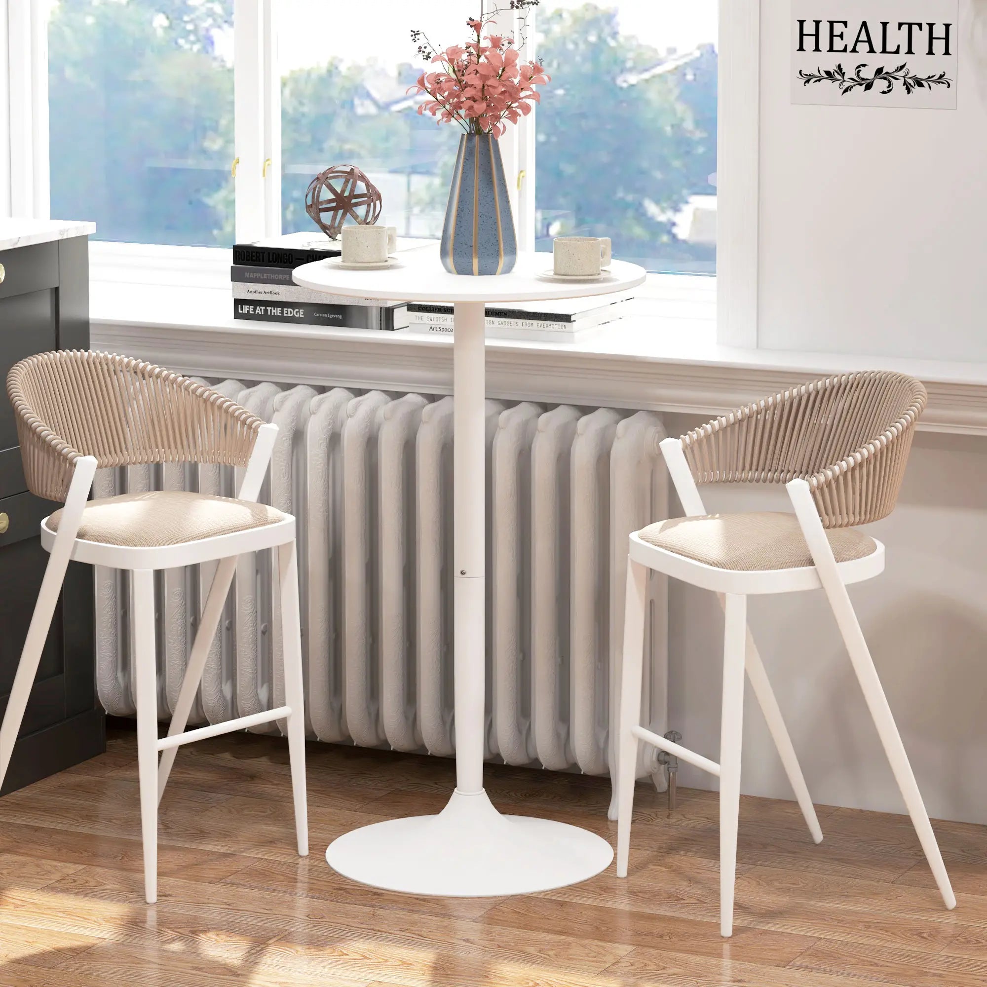 Modern Round High Top Bar Table, Steel Base, 2-Person, White Bar Tables & Dining Tables at Gallery Canada