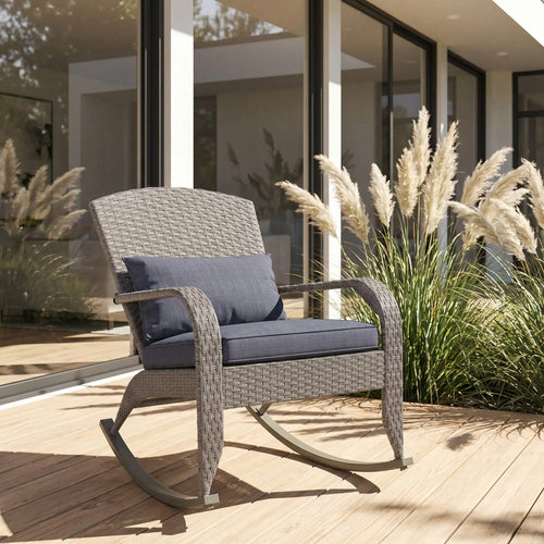 Outdoor Wicker Rocking Chair With Cushion, Grey