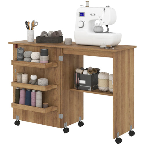 Sewing Machine Cabinet, Folding Table with Storage, Brown