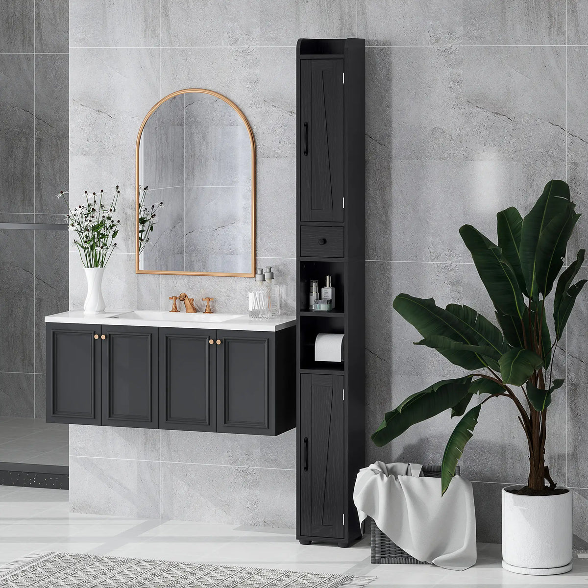 Armoire de salle de bain étroite, grand rangement avec portes de grange, grain de bois, noir