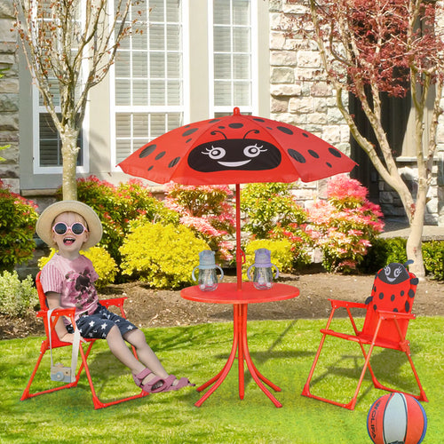 Kids Folding Picnic Table, Chair Set, Adjustable Umbrella, Red
