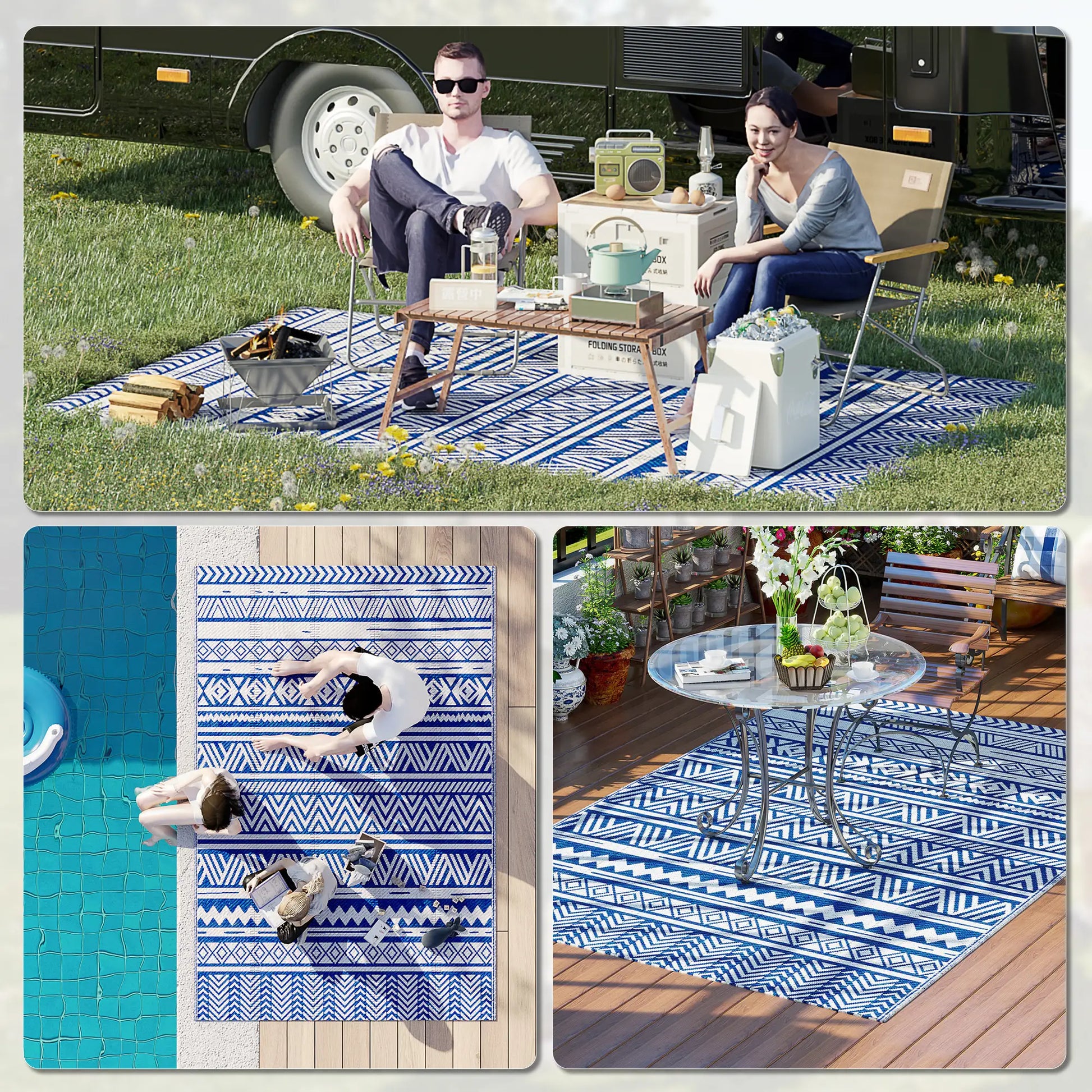 Reversible Outdoor Rug, Patio Floor Mat, 6' x 9', White, Dark Blue Garden Decor at Gallery Canada