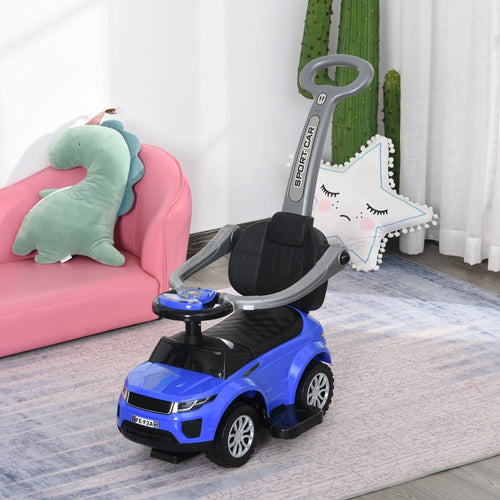2 in 1 Kid Ride on Push Car Stroller, Sliding Ride on Car with Horn, Music, Light, Secure Bar, Blue