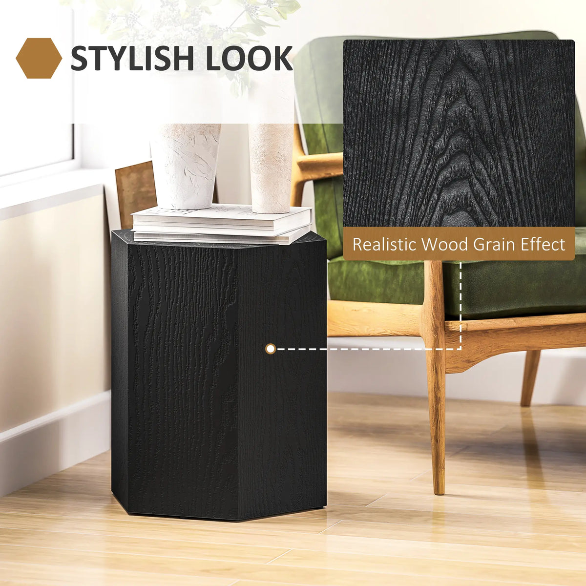 Hexagonal Side Table, Small with 4 Adjustable Feet, Indoor Outdoor, Black Side Tables at Gallery Canada