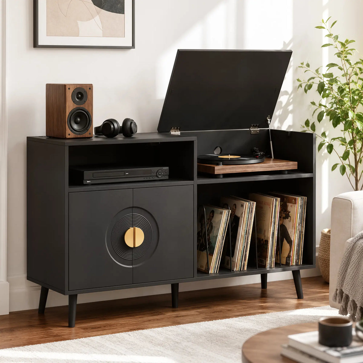 Record Player Stand with Outlets, Vinyl Storage Holds 300 Albums, Black