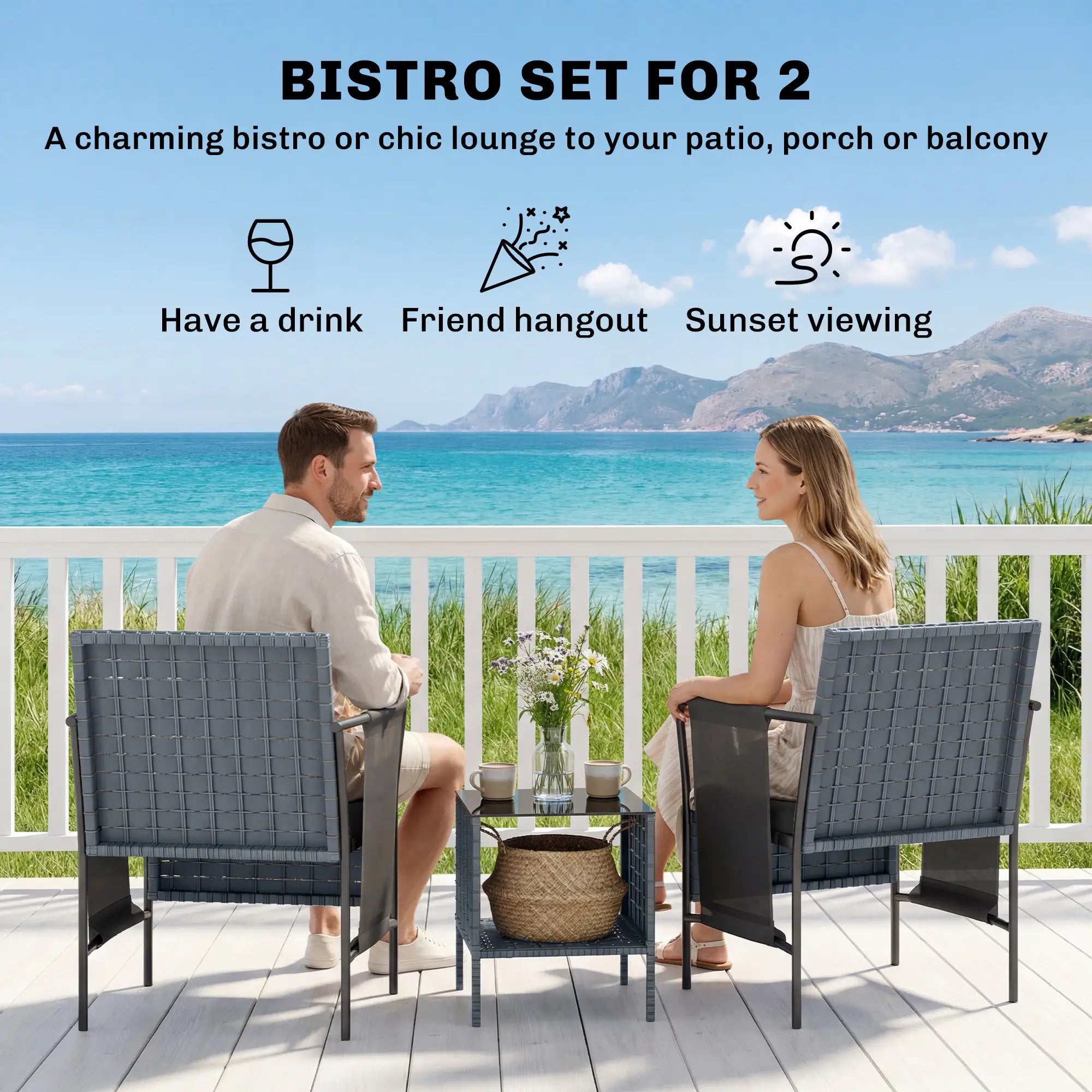 3 Piece Wicker Patio Furniture Set, Side Pockets, Mesh Seat, Black Bistro Sets at Gallery Canada