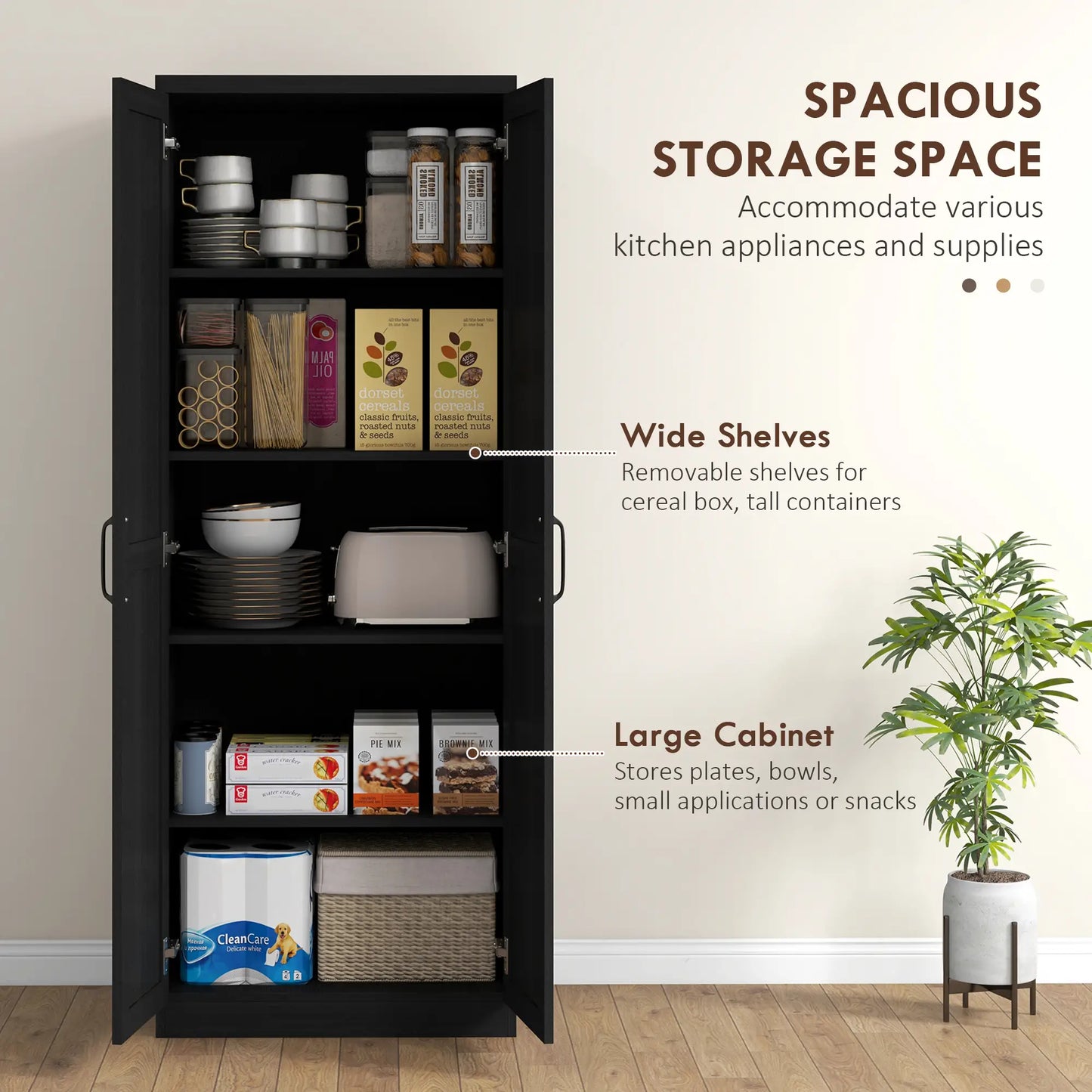 63" Kitchen Storage Cabinet, 5-Tier Pantry with Doors, Adjustable Shelves, Black Kitchen Pantry Cabinets at Gallery Canada
