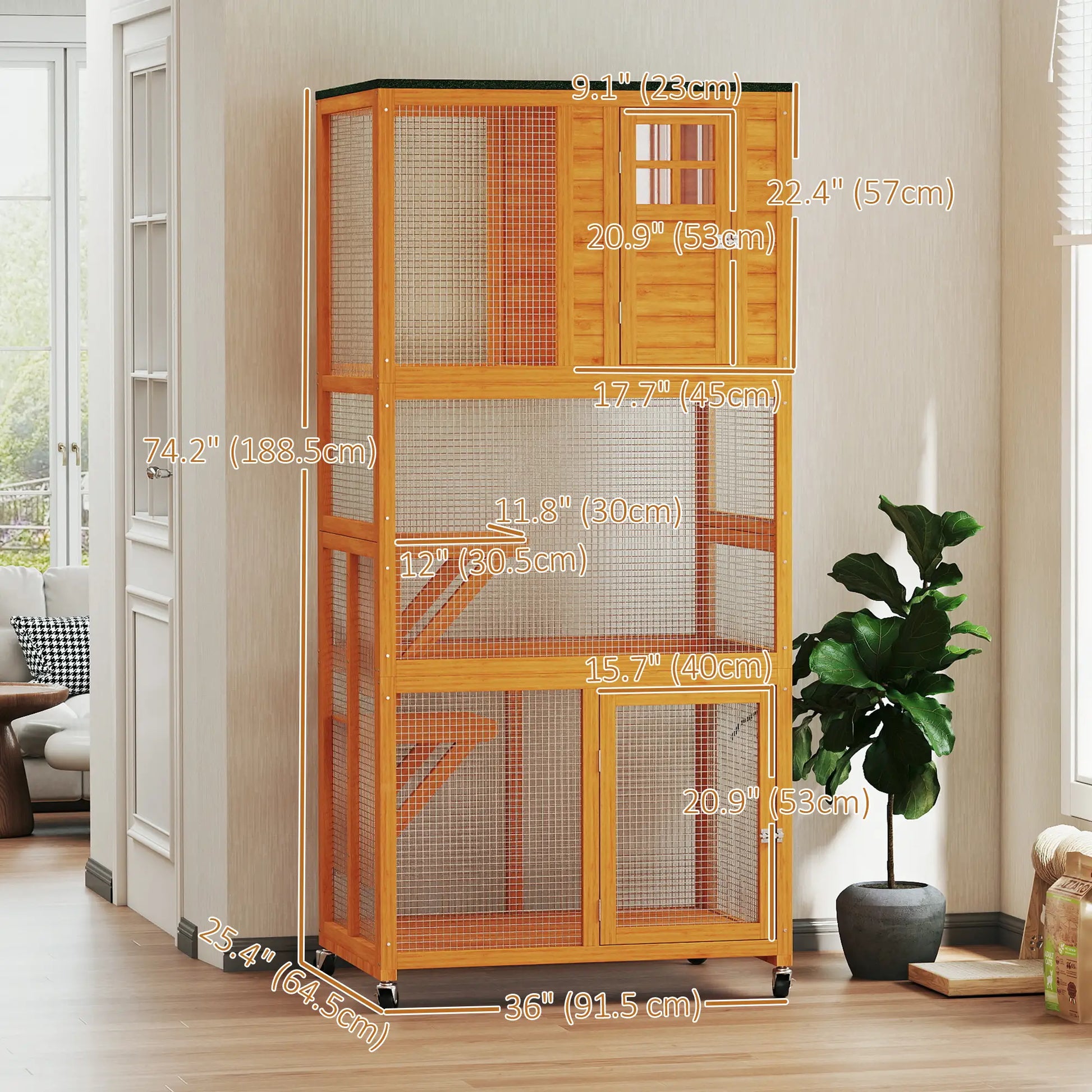 74" Wooden Outdoor Cat House, Weatherproof, Wheeled, High Weight Capacity, Orange Outdoor Cat Enclosures at Gallery Canada