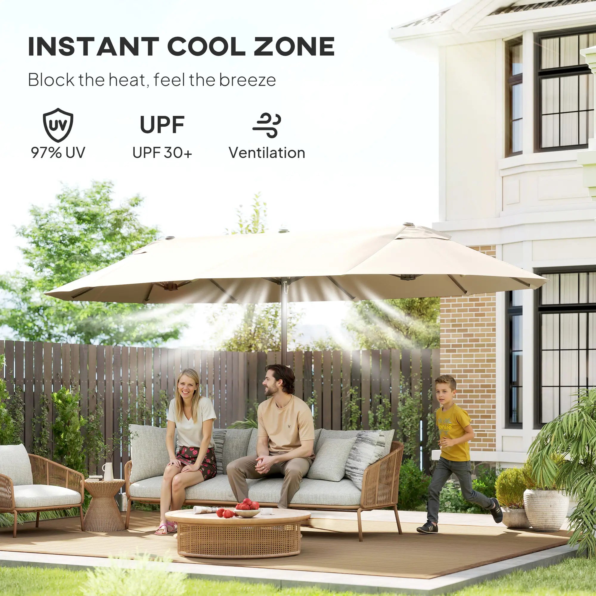 15' Outdoor Patio Umbrella, Twin Canopy Sunshade, Lift Crank, Beige Sun Umbrellas at Gallery Canada