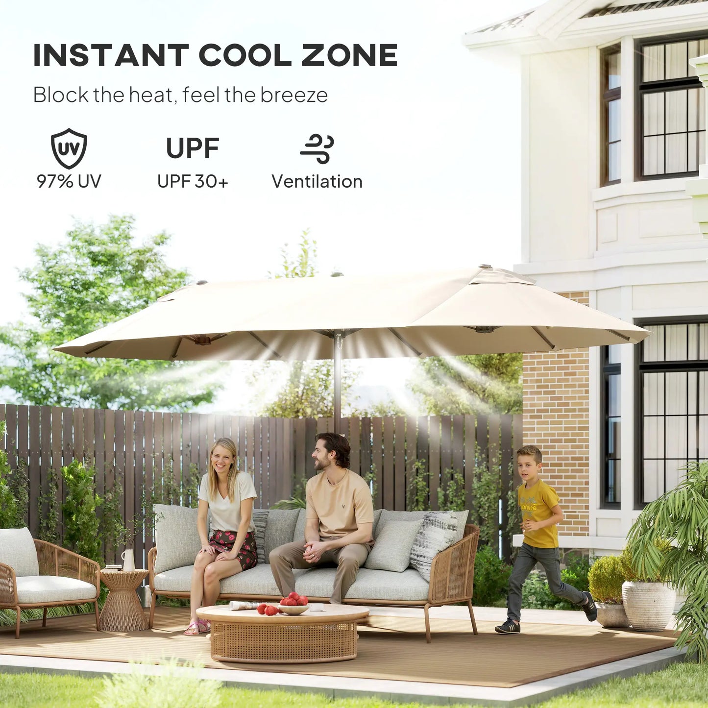 15' Outdoor Patio Umbrella, Twin Canopy Sunshade, Lift Crank, Beige Sun Umbrellas at Gallery Canada