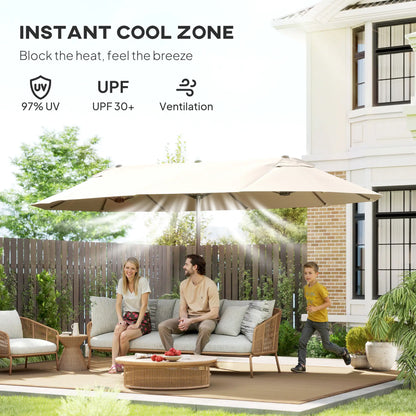 15' Outdoor Patio Umbrella, Twin Canopy Sunshade, Lift Crank, Beige Sun Umbrellas at Gallery Canada