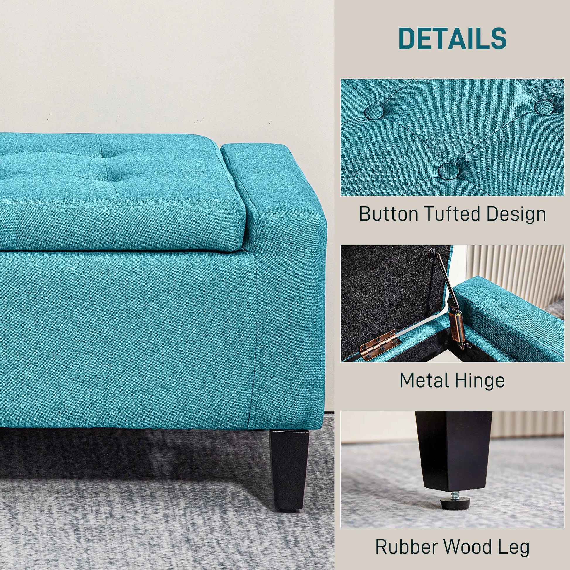 Linen Upholstered Storage Ottoman Bench, Tufted Design, Green Storage Ottomans & Benches at Gallery Canada