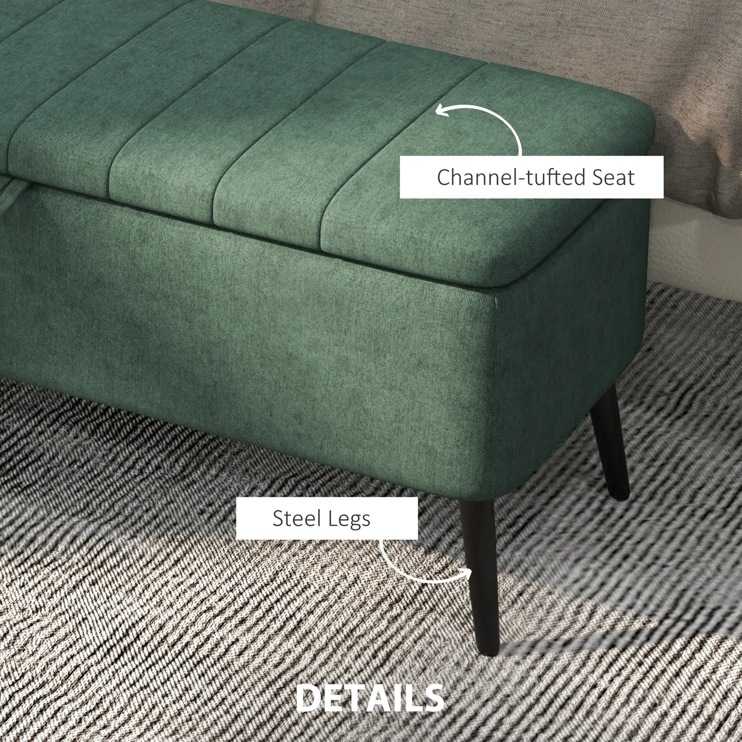 40" Ottoman with Storage, Linen Upholstered Storage Ottoman Bench with Steel Legs for Living Room, Bedroom Dark Green Storage Ottomans & Benches at Gallery Canada