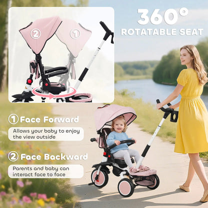 6 in 1 Toddler Tricycle, Push Handle, Removable Canopy, Rotatable Seat, Pink Tricycles for Kids at Gallery Canada