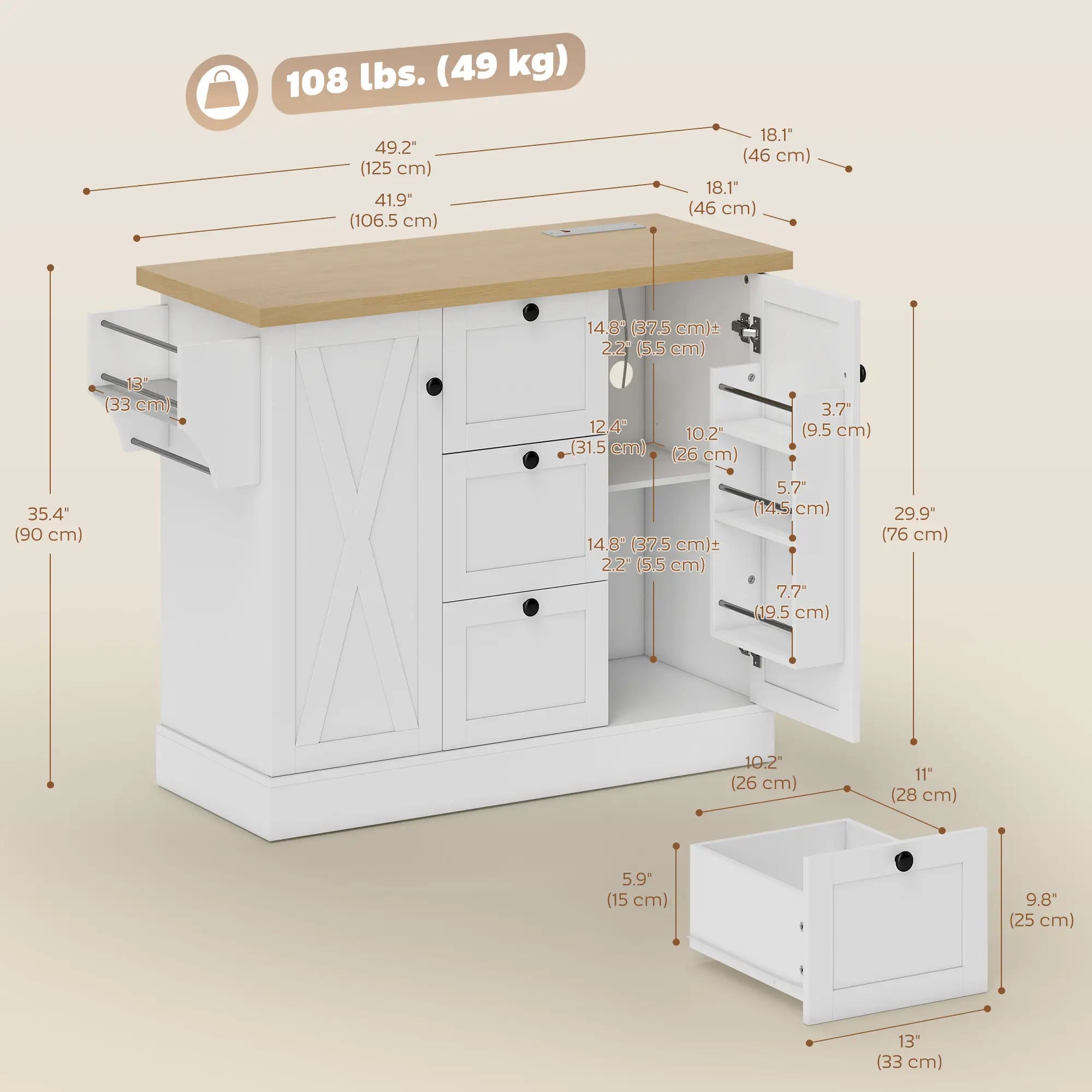 Farmhouse Kitchen Island Cart with Power Outlet, 49 Inch, White Kitchen Islands & Kitchen Carts at Gallery Canada