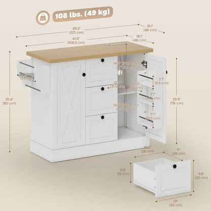 Farmhouse Kitchen Island Cart with Power Outlet, 49 Inch, White Kitchen Islands & Kitchen Carts at Gallery Canada
