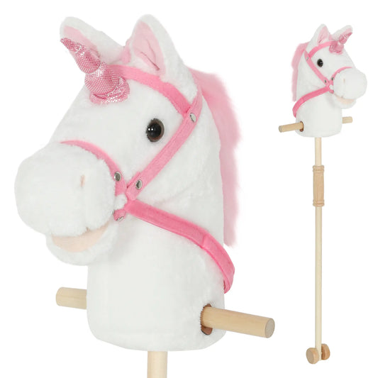 Unicorn Stick Horse, Plush with Wood Wheels, Neighing Sounds, White Rocking Horses White at Gallery Canada