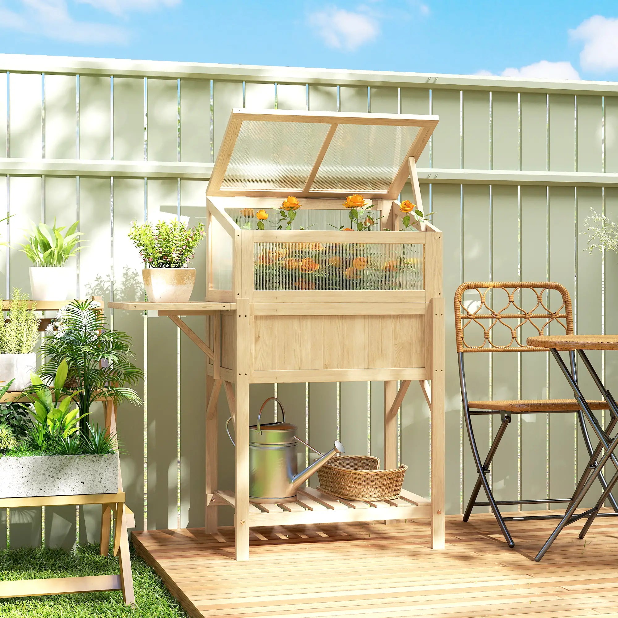 Raised Garden Bed Planter With Cold Frame, Wooden Elevated Planter Box With Folding Side Table And Shelf, Natural Wood Elevated Garden Beds at Gallery Canada