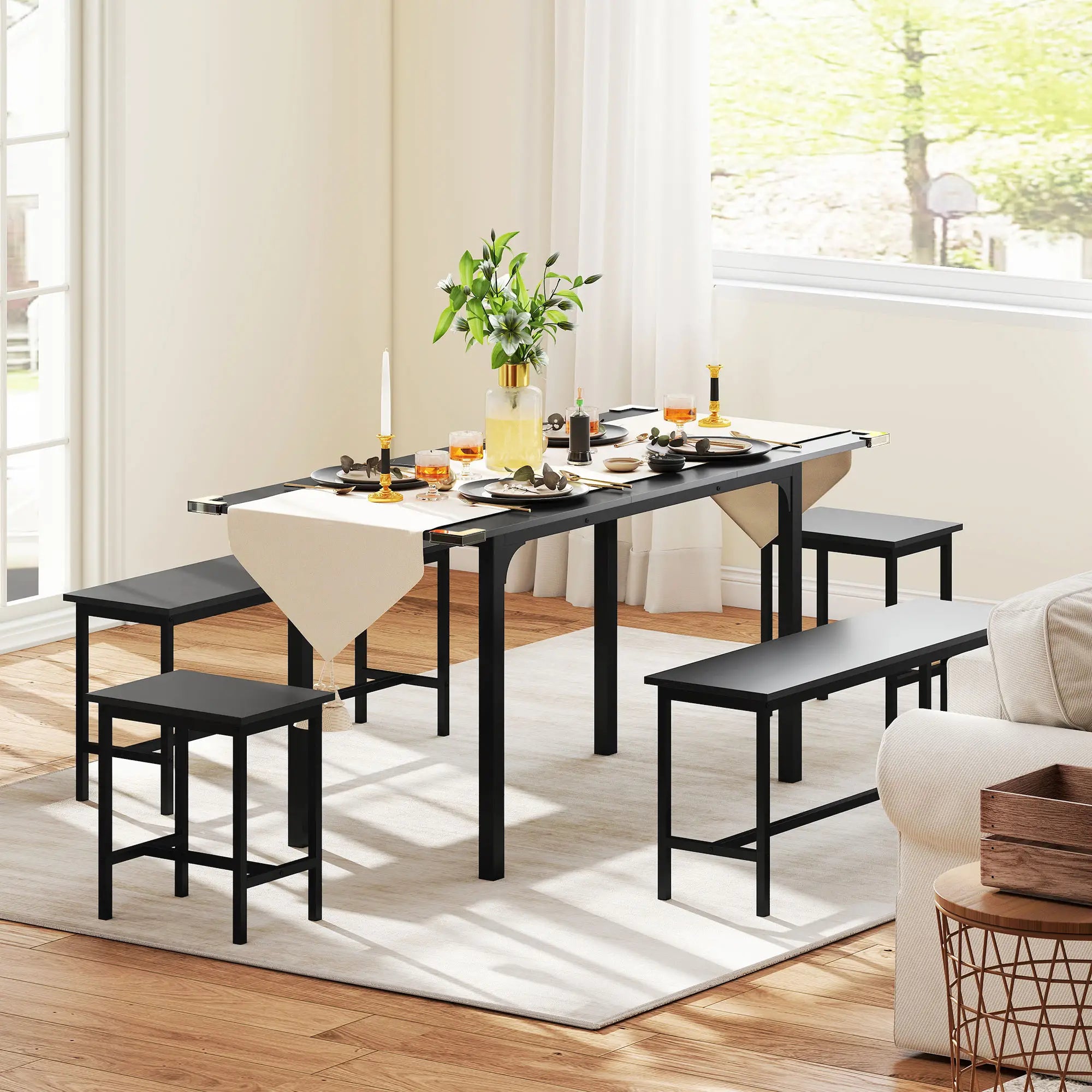 Extendable Dining Table Set, 5-Piece for 4-6 with 2 Benches and 2 Stools, Black Dining Table Sets at Gallery Canada