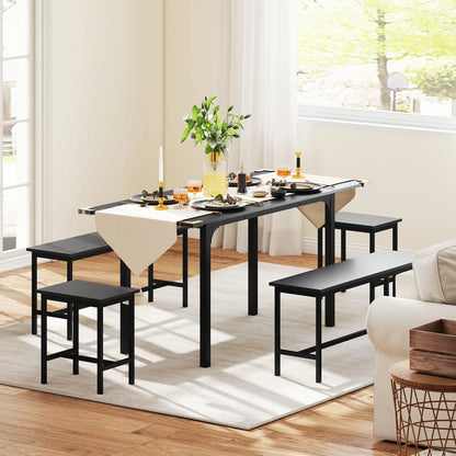 Extendable Dining Table Set, 5-Piece for 4-6 with 2 Benches and 2 Stools, Black Dining Table Sets at Gallery Canada