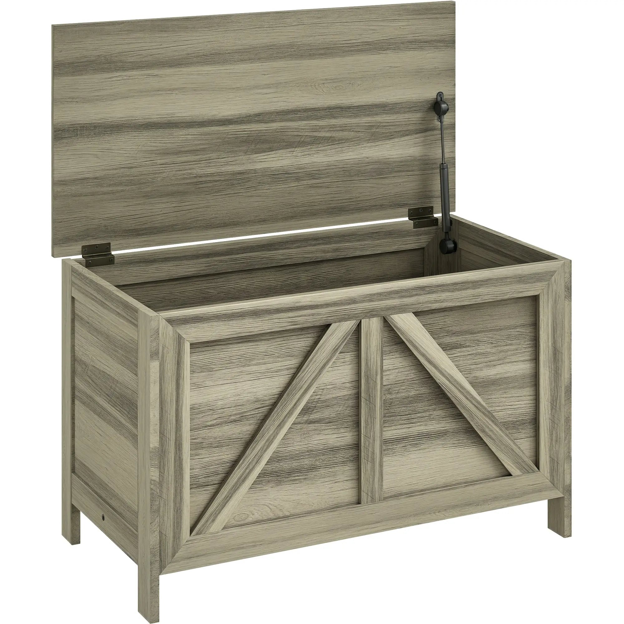 Farmhouse Storage Trunk Box, Safety Hinge, Grey Wood Grain, Grey Storage Cabinets at Gallery Canada