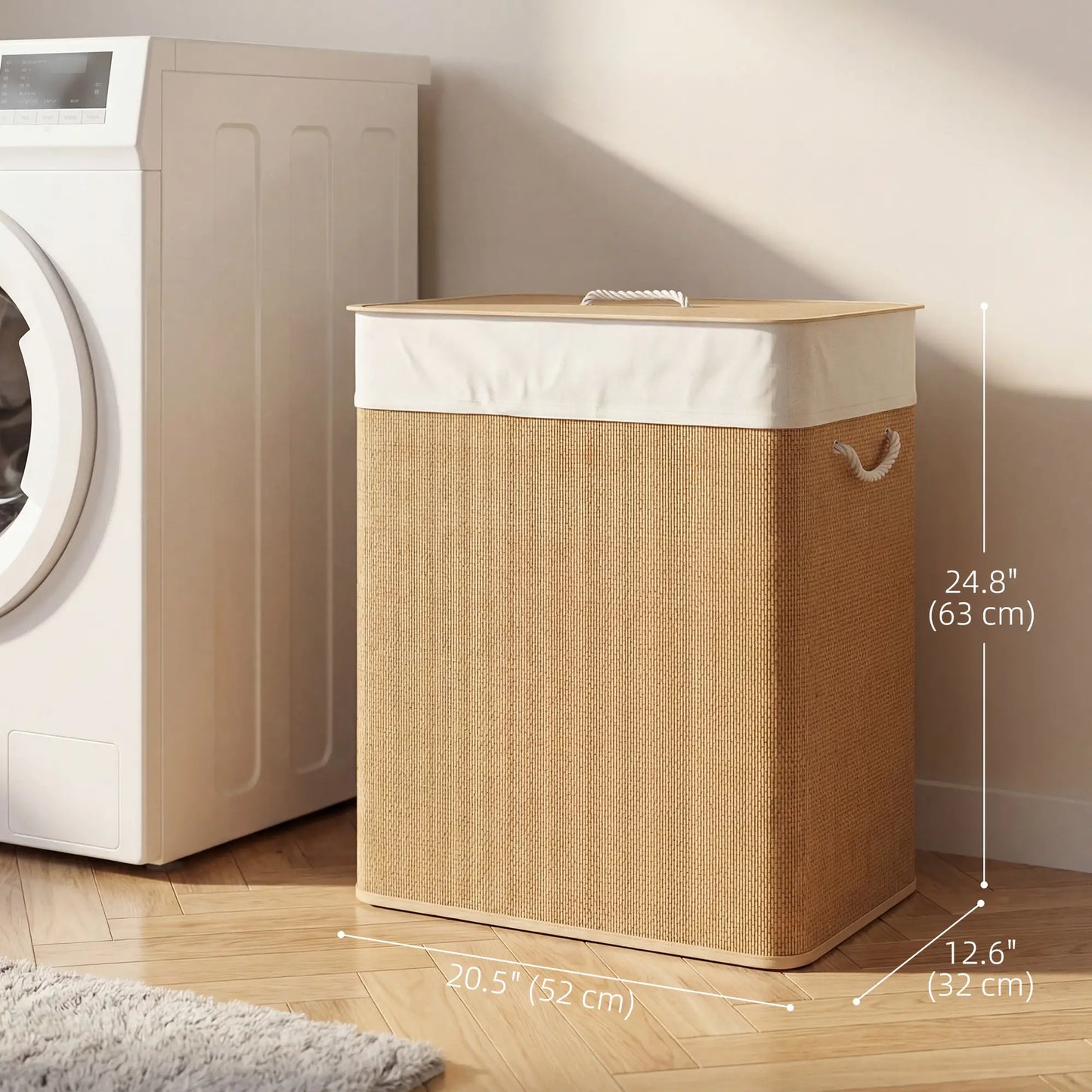 Double Laundry Basket with Lid, 100L Bamboo Hamper, Removable Bags, Brown Clothing Storage at Gallery Canada