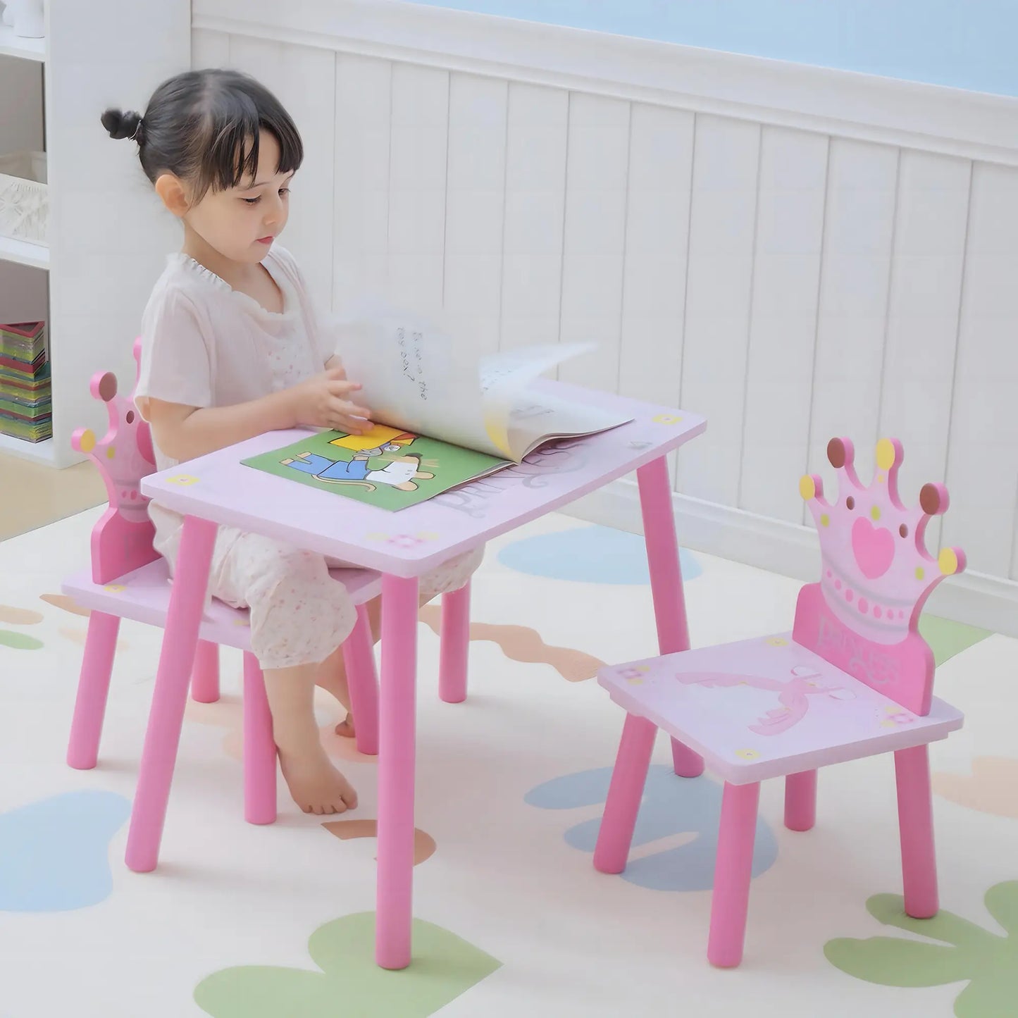 Kids Wooden Table Chair Set, Crown Pattern, Easy Clean, Age 2-4, Pink Kids Table Sets at Gallery Canada