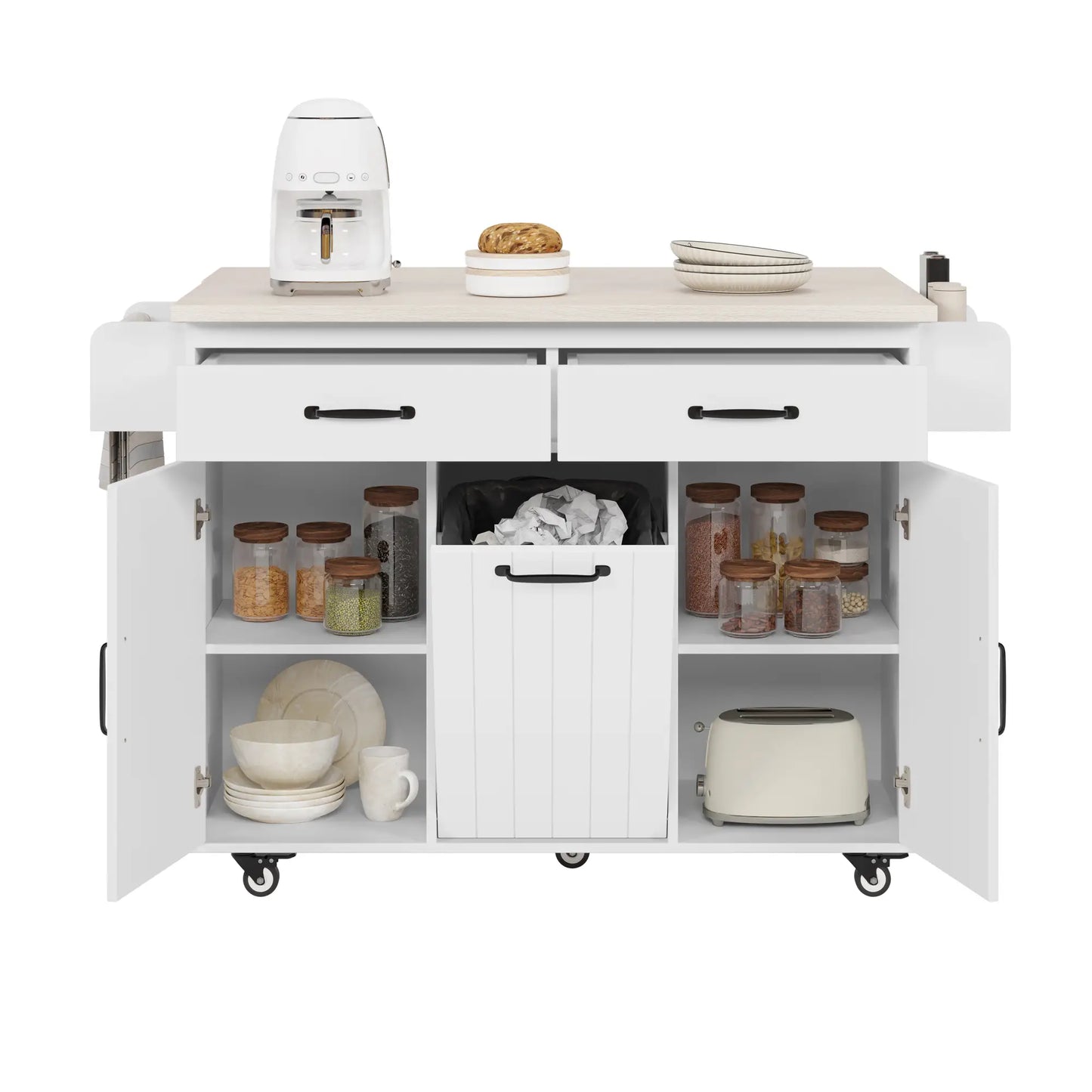 Kitchen Island with Tilt-Out Trash Cabinet, Adjustable Shelf, 51" L x 20" W x 35" H, White Kitchen Islands & Kitchen Carts at Gallery Canada