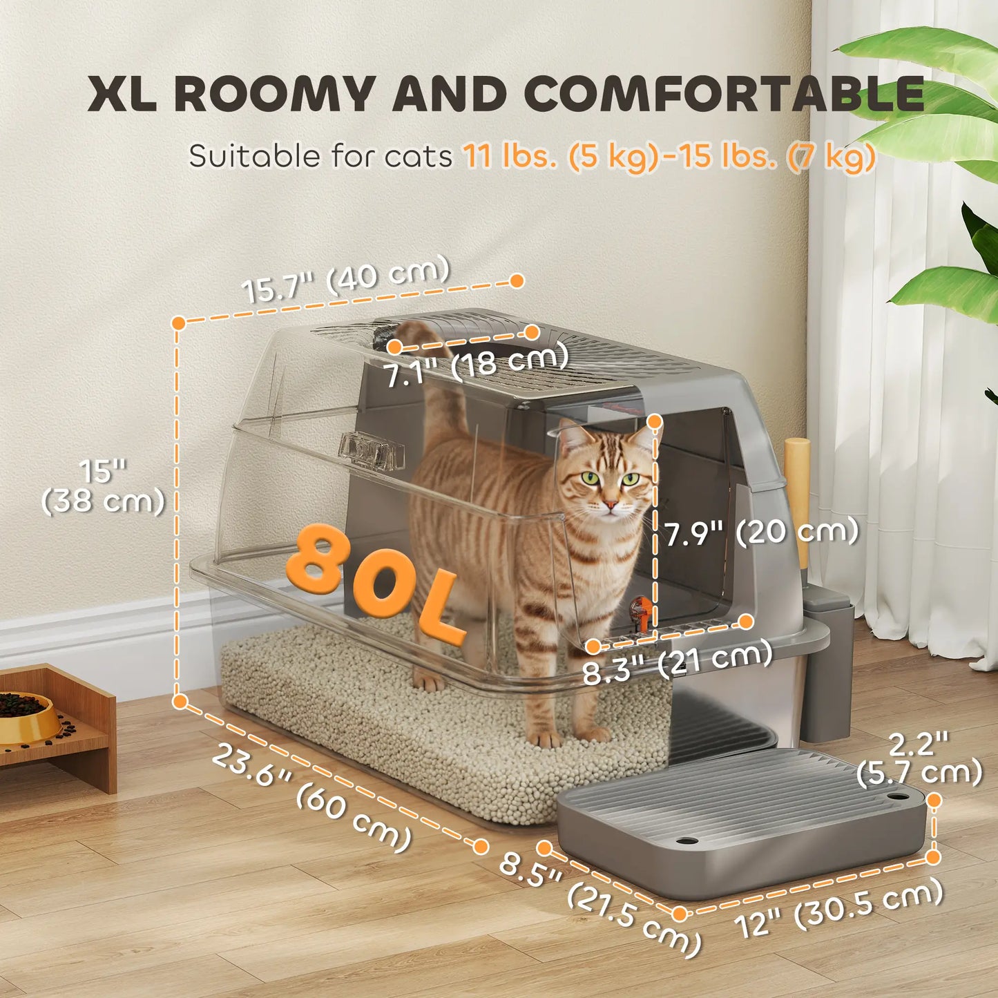 XL Stainless Steel Cat Litter Box, 80L with Front Top Entry, Trapping Step, Scoop, for Large Cats Cat Litter Box Enclosures at Gallery Canada