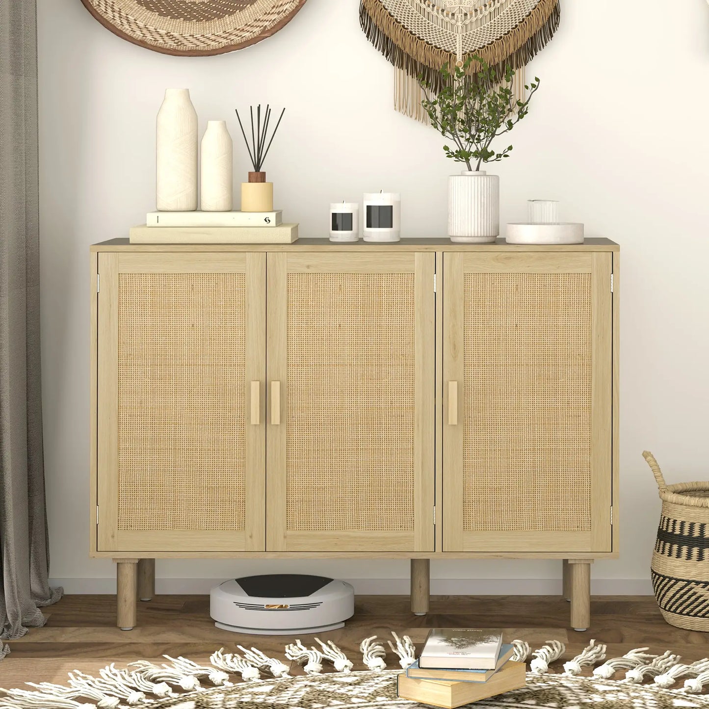 Bohemian Sideboard, 46.9" Buffet Cabinet, 3 Rattan Doors, Shelves, Oak Storage Cabinets at Gallery Canada